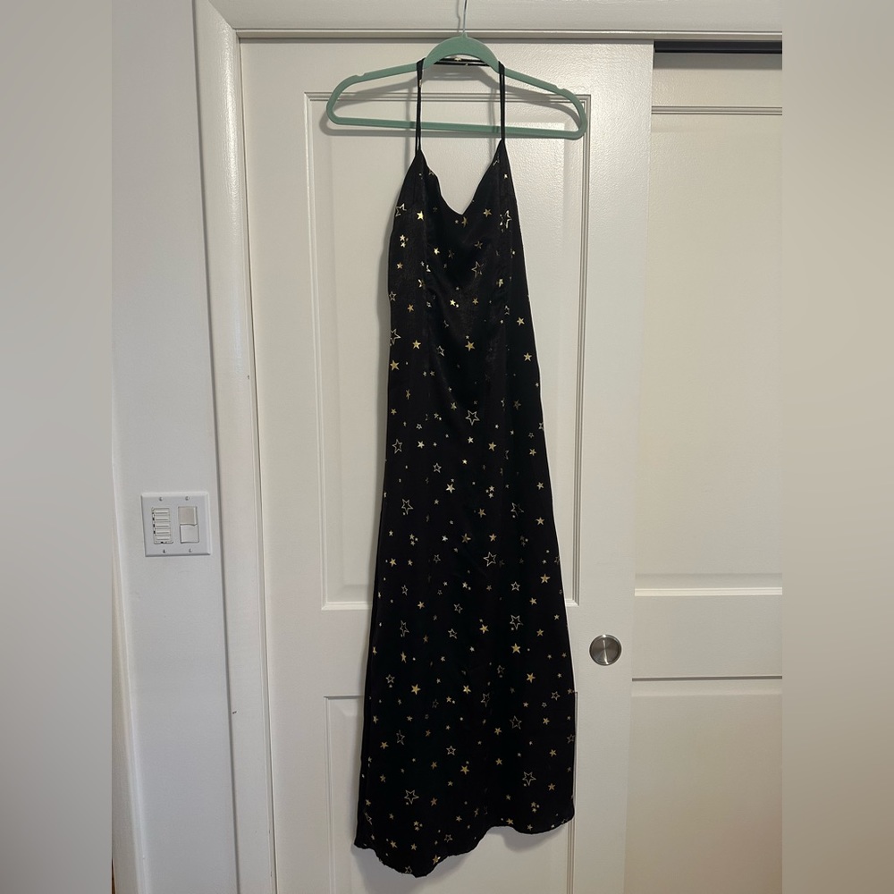 Nasty Gal cosmic black and gold star long open tie back maxi dress sz 6